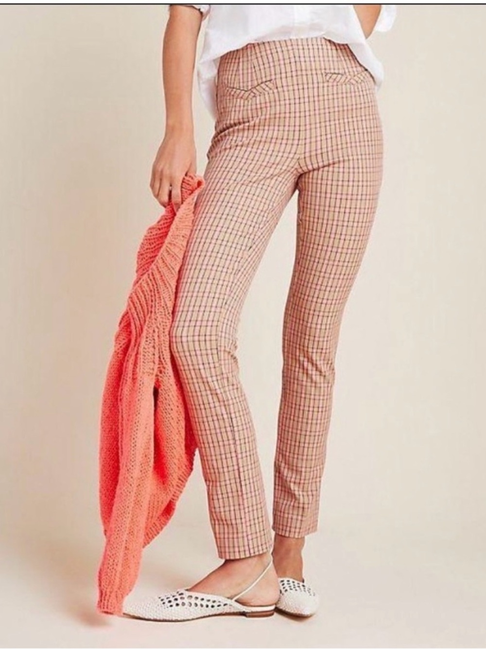 Anthropologie Pink Plaid Essential Slim Trousers Pants Office Work Career Preppy